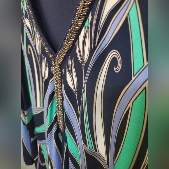 Gorgeous colors and metallic beaded neckline accent JM Collection tunic size XL - Picture 2 of 6